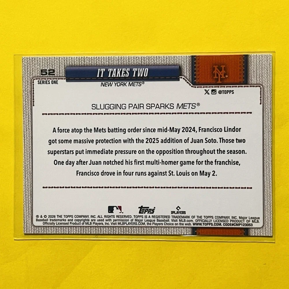 2026 Topps Series 1 It Takes Two #52 Lindor Soto Mets‎ FL Spring Training